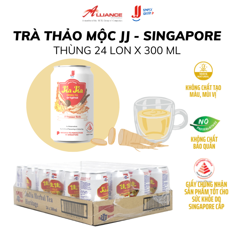 (Chính hãng) Thùng Trà Thảo Mộc Nguyên Vị Jia Jia JJ (24 Lon x 300ml) - Thương hiệu Singapore