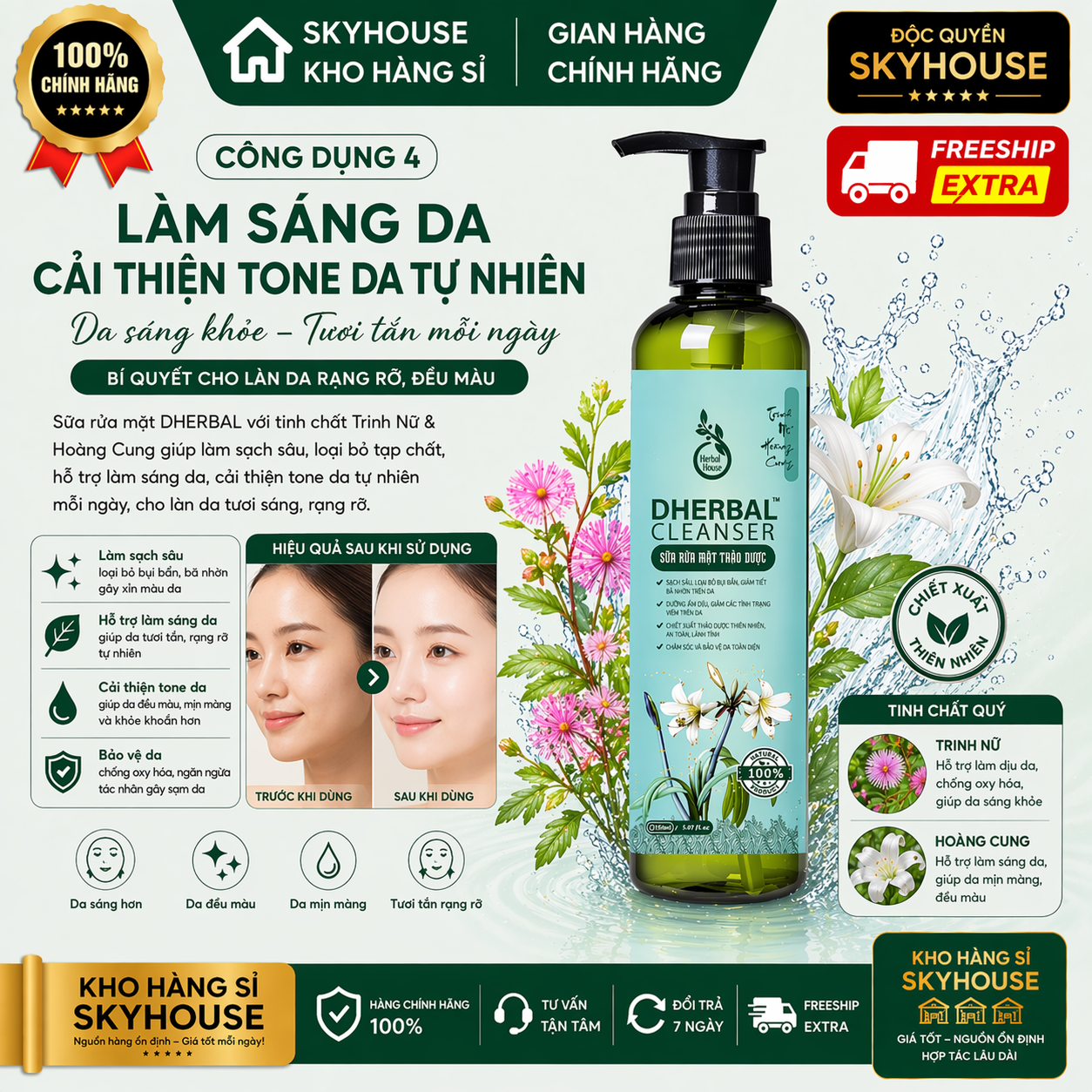 Sữa rửa mặt trị mụn thiên nhiên chiết xuất trinh nữ hoàng cung độc quyền DHERBAL chai 150ml dưỡng trắng da chính hãng
