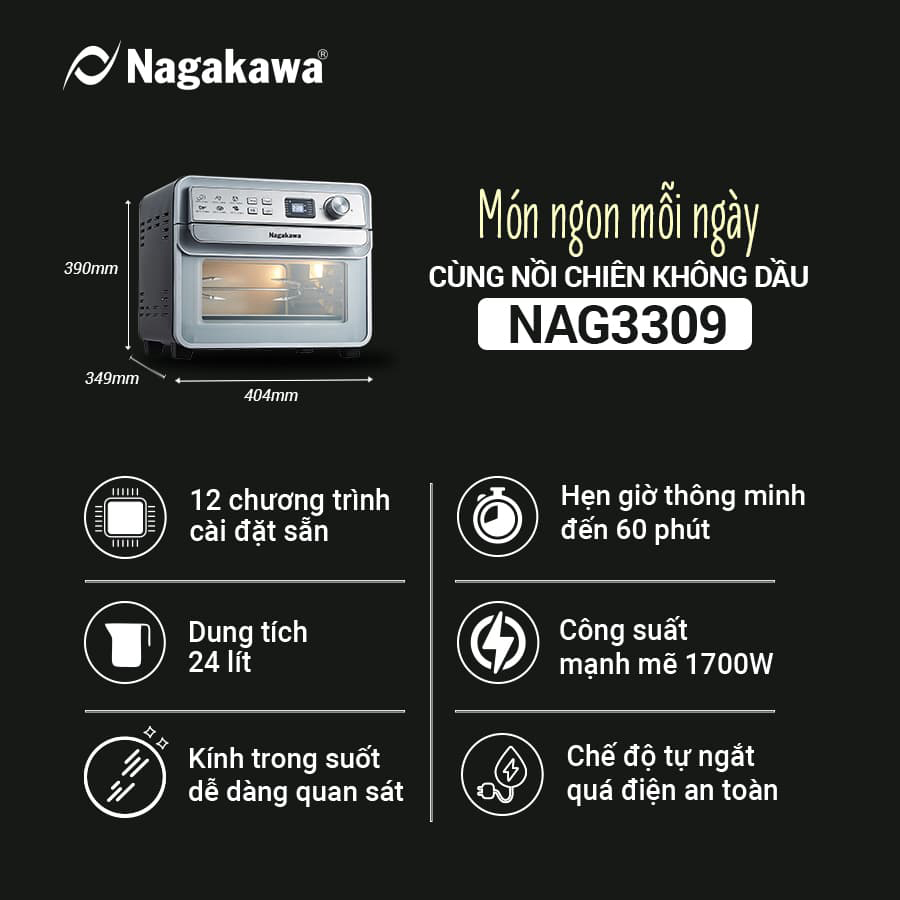 Nồi chiên không dầu cảm ứng Nagakawa NAG3309 (24L) - 12 Chương trình nấu - Công nghệ Rapid Air - Hàng chính hãng