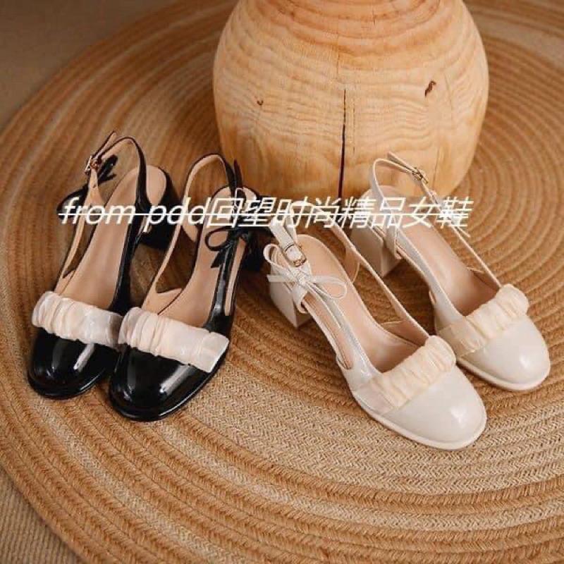 Giày Sandal Nữ Slingback Da Bóng Gót Vuông Phối Quai Lụa Nhún Vintage m