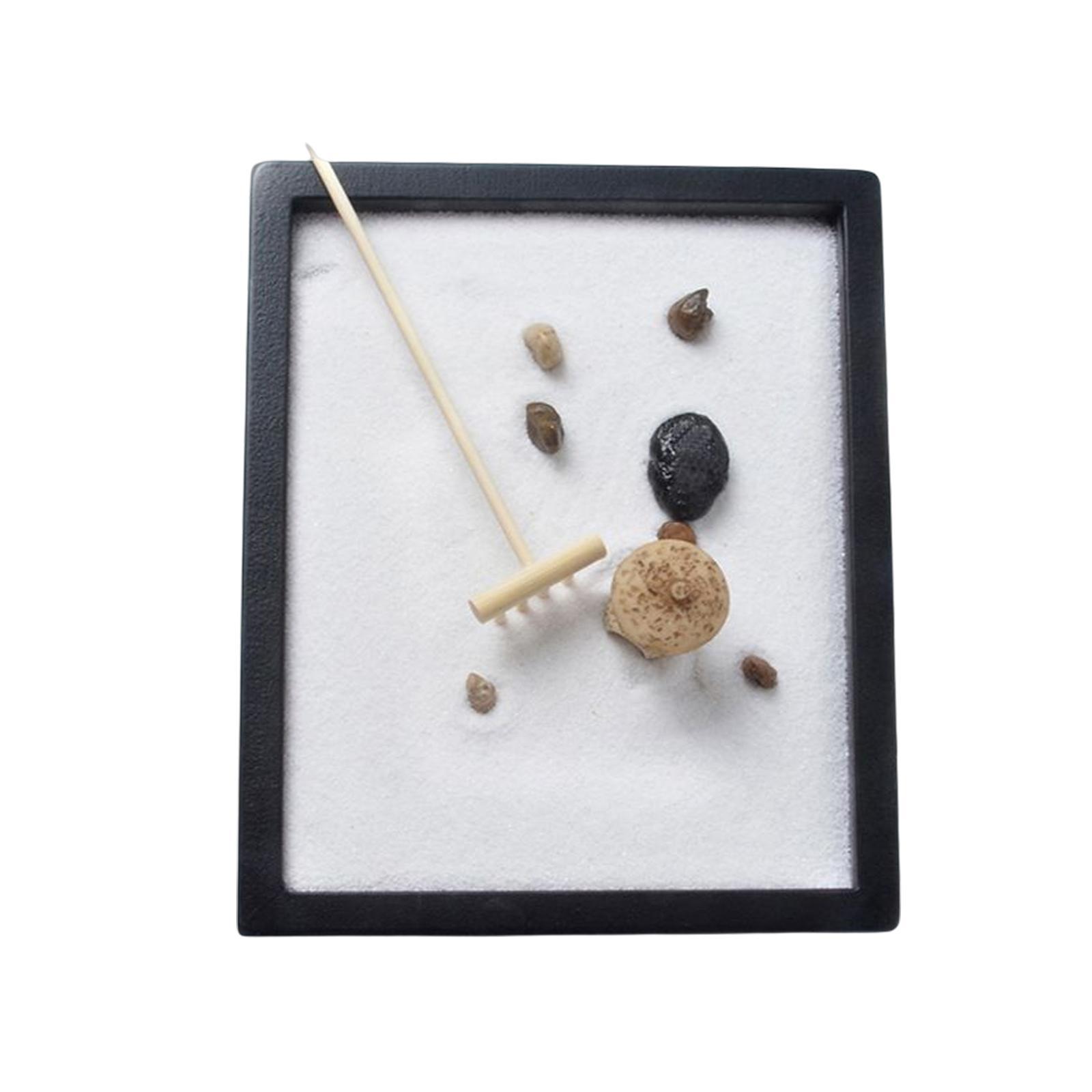 Mini Desk Decoration Gifts Meditation Relaxation Yoga Miniatures Wooden Tray Rake Ornaments Desktop Sandbox Rocks for Living Room Office