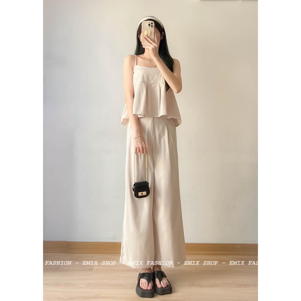 Set áo 2 dây và quần suông dài chất 2 da EMIX, bộ đi chơi, freesize dưới 55kg, cạp cao chun có co giãn, chất 2 da 566