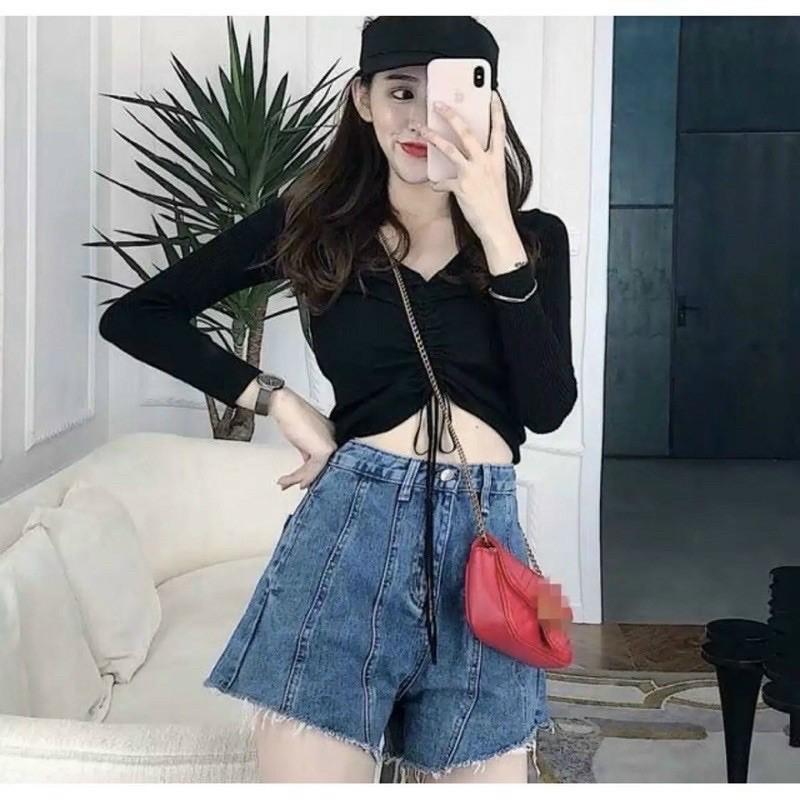 Áo tay dài croptop rút dây cổ tim trẻ trung năng động