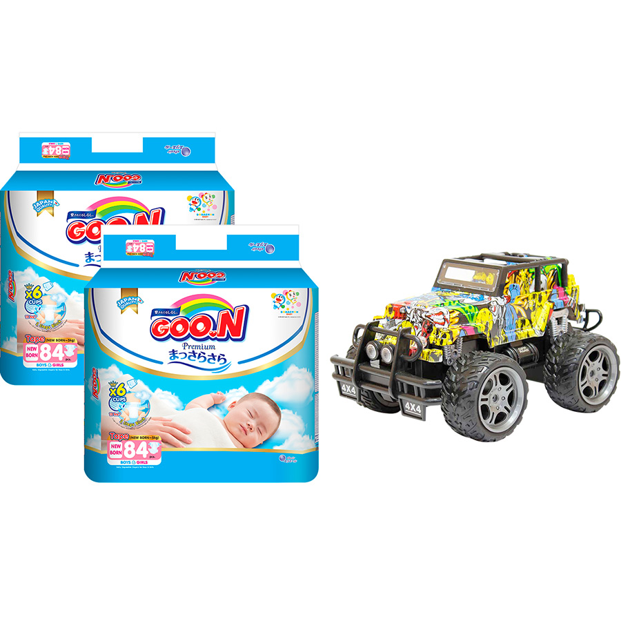 Combo 2 bịch Tã dán Goon Premium cao cấp gói siêu đại NB84 ( NB~ 5kg) 84 miếng + Bộ đồ chơi xe điều khiển cao cấp