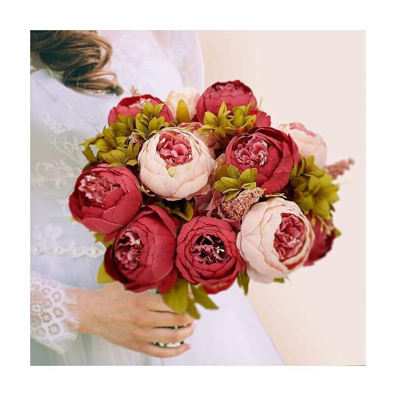 Bouquet hoa lụa nhân tạo, bó hoa mẫu đơn nhân tạo nhân tạo, giả cũ 13 đầu cho đám cưới, cô dâu, nhà (màu đỏ sẫm)