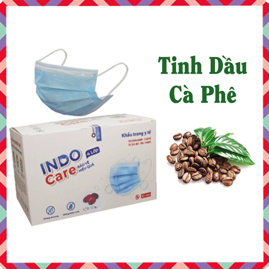 KHẨU TRANG Y TẾ INDO CARE - HƯƠNG CAFE, KHỬ MÙI HƠI THỞ/CHỐNG SAY TÀU XE / KHÁNG KHUẨN 99% - HỘP 50 CÁI