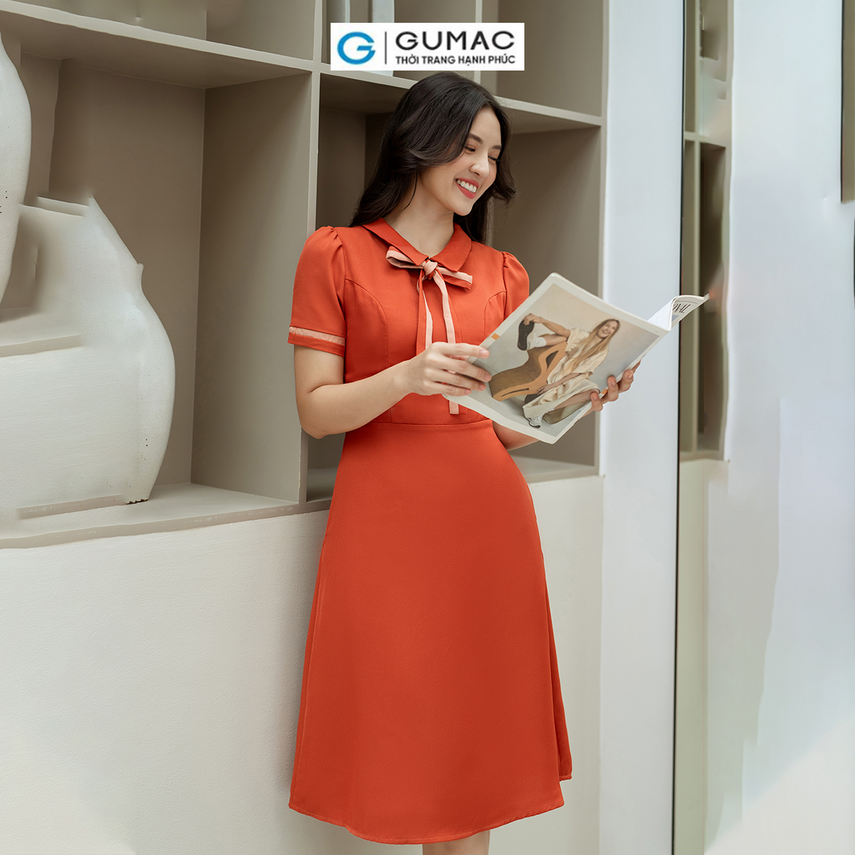 Đầm A nẹp tay phối thời trang GUMAC LDD0805