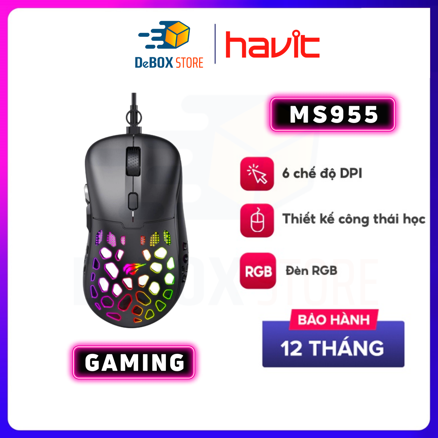 Chuột Gaming Có Dây HAVIT MS955 RGB Blacklit, 6 Chế Độ DPI, 20 Triệu Lần Nhấn - Hàng Chính Hãng