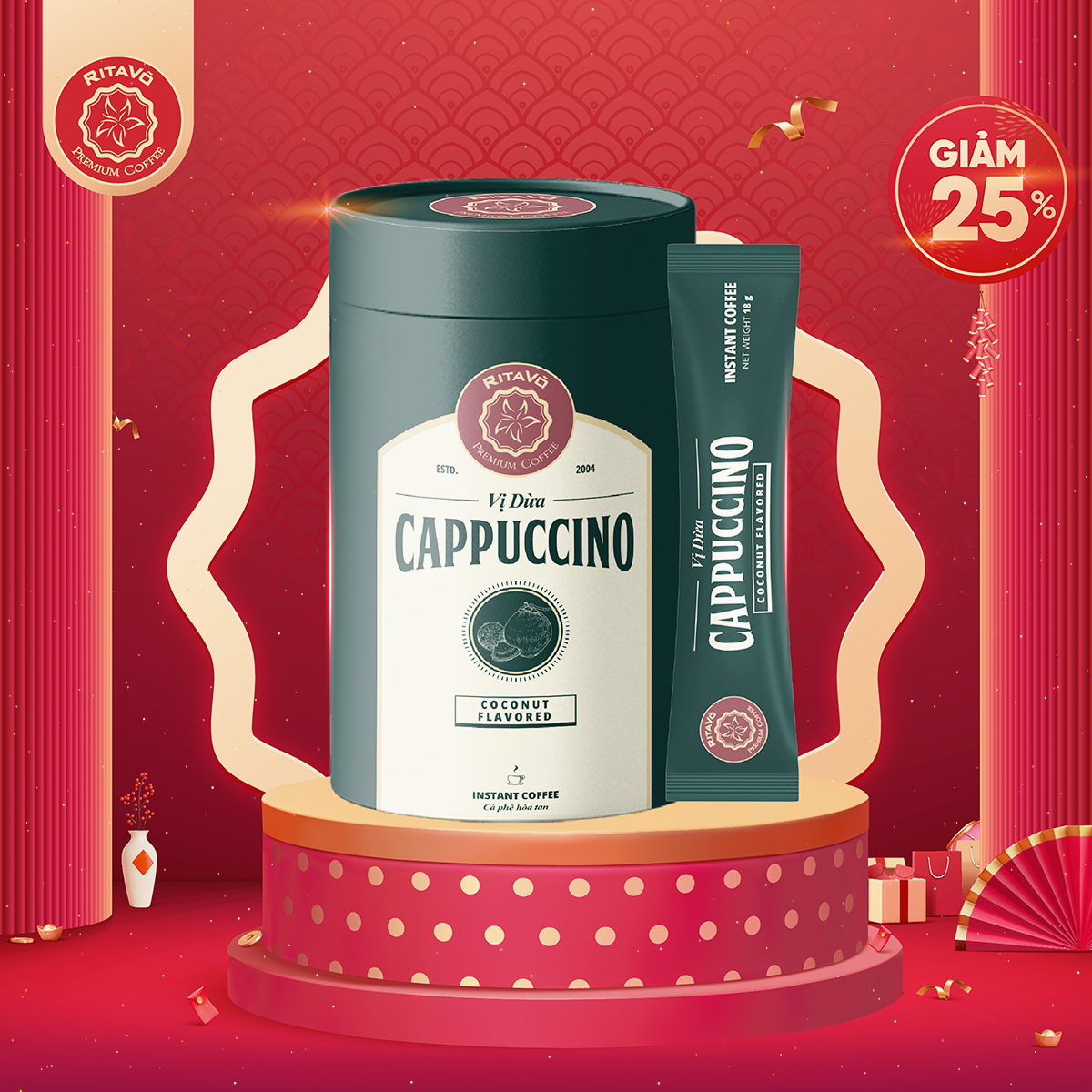 [GIẢM 25%] Cà phê hoà tan Rita Võ Cafe Cappuccino coconut [Hộp 216g x 12 gói]