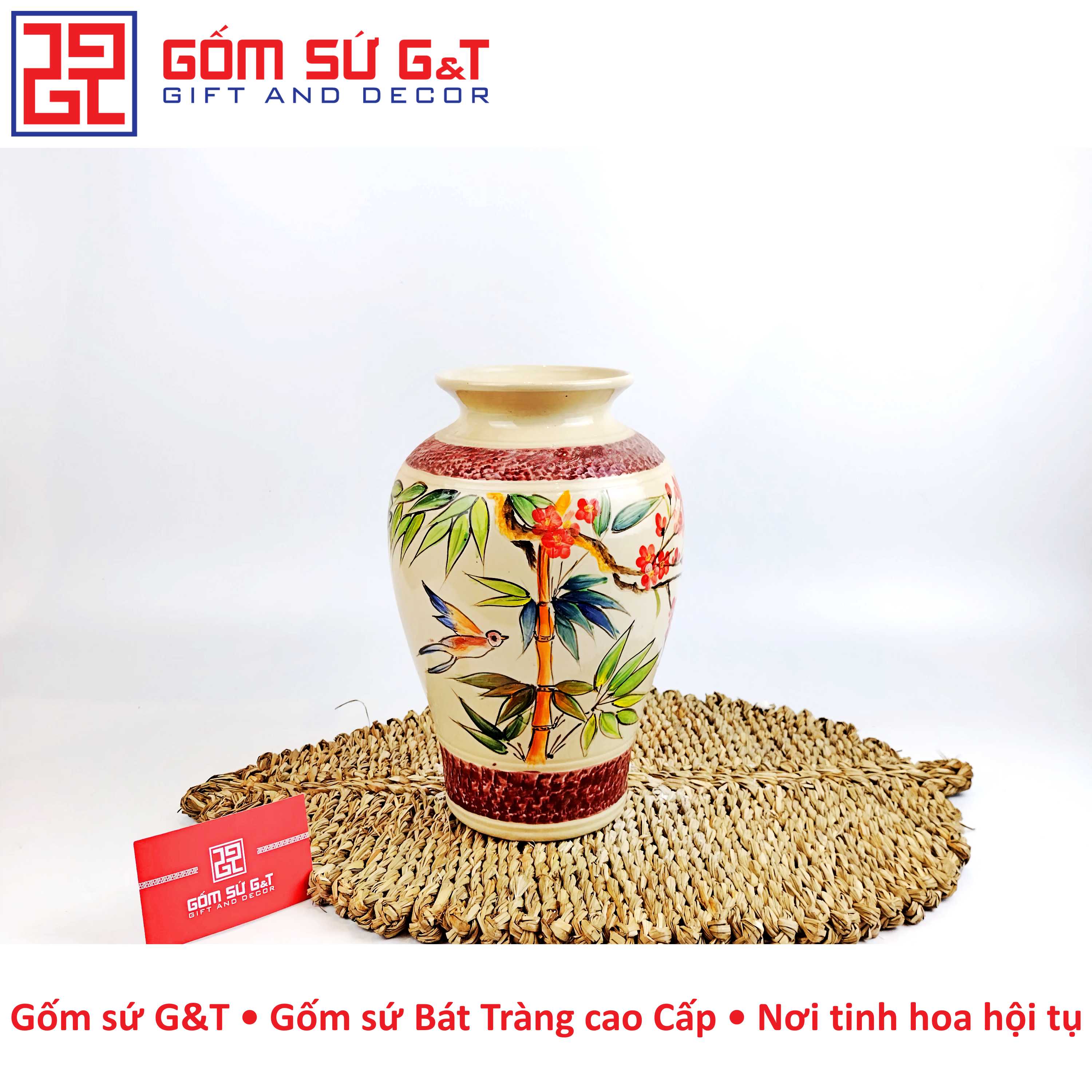 Lọ hoa dáng vò vẽ chim đào Gốm Sứ G&amp;T