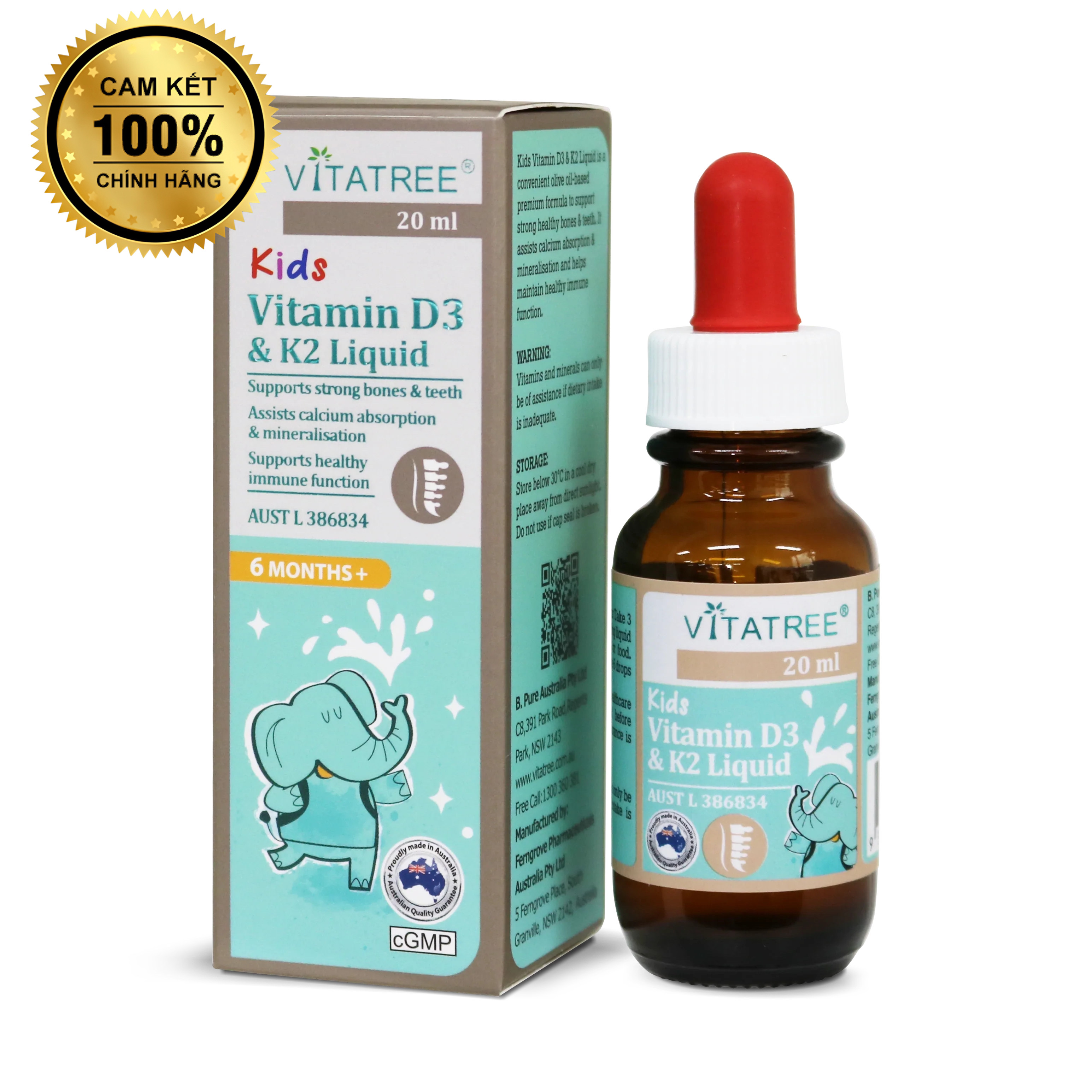 VITATREE Kids Vitamin D3 & K2 Liquid - Lọ 20ml, nhập khẩu Úc