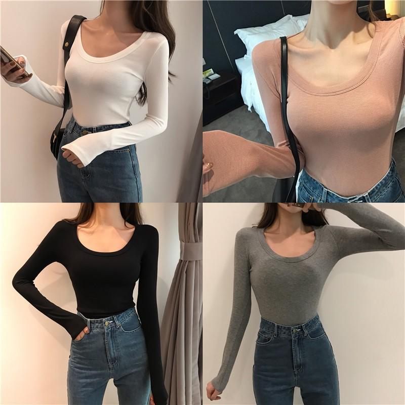 Áo thun thời trang nữ tay dài cổ chữ U màu trơn
