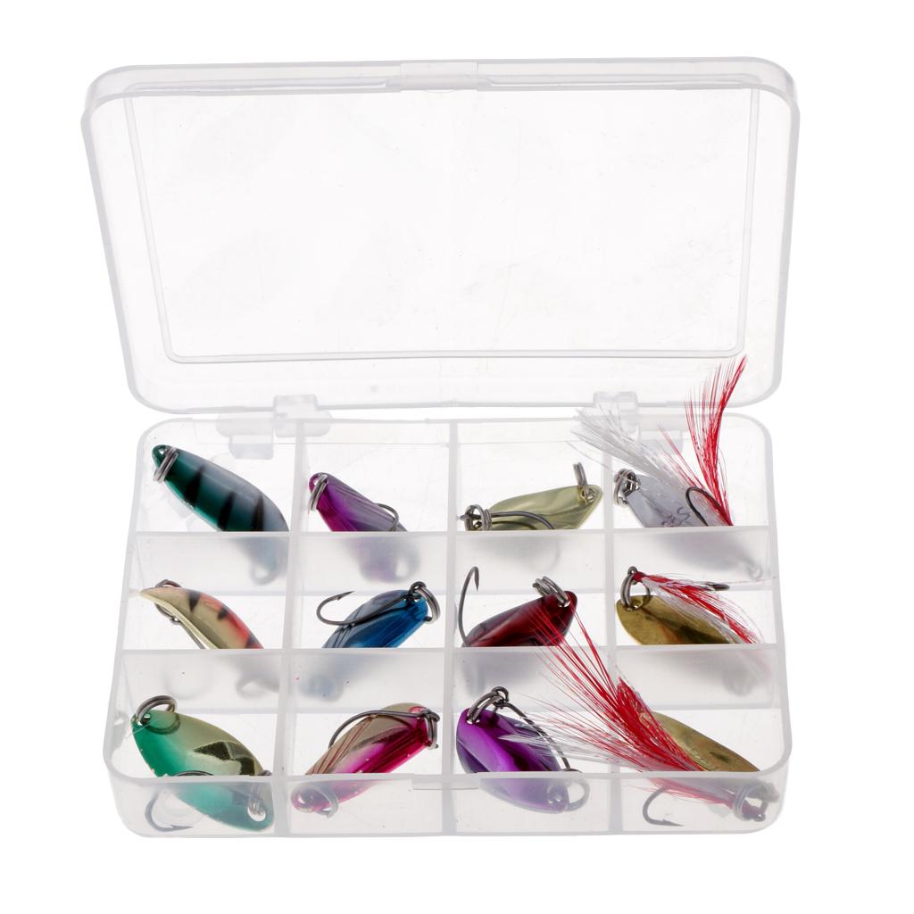 12Pcs Metal Fishing Lures Spoon Spinner Baits Treble Hook with Box