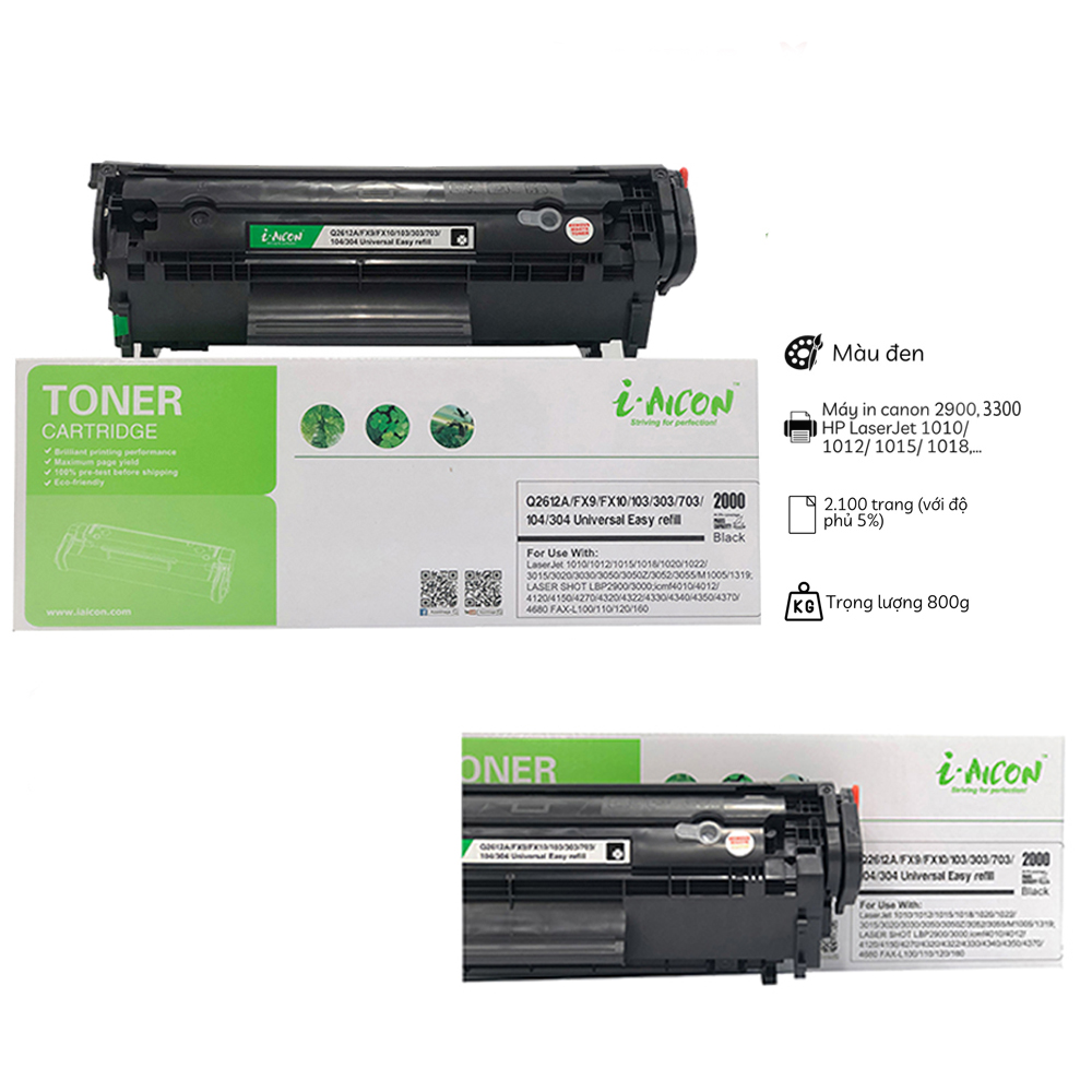 Hộp mực in 12A thương hiệu I.aicon mã mực Cartridge HP12A  dung lượng bản in 2100 trang A4 chất lượng bản in nét đẹp, tương thích hoàn toàn cho thiết bị, dùng cho máy in canon 2900, máy in HP LaserJet 1010/ 1012/ 1015/ 1018