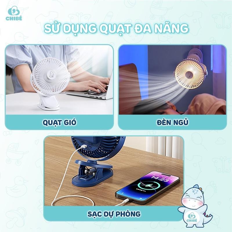 Quạt tích điện mini Chibe - Quạt kẹp xe đẩy cho bé siêu mát xoay 720 độ Hàng Chính Hãng