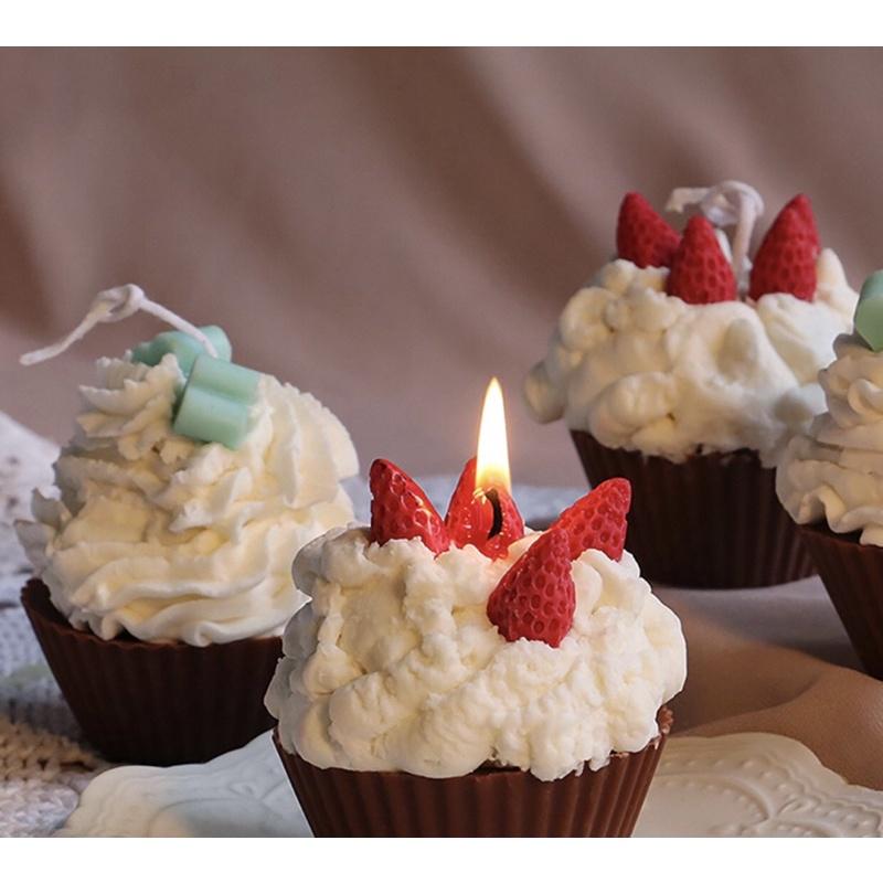 Nến Thơm Bánh Cupcake Dâu Tây Mini Hàn Quốc, Phụ Kiện Decor, Quà Tặng