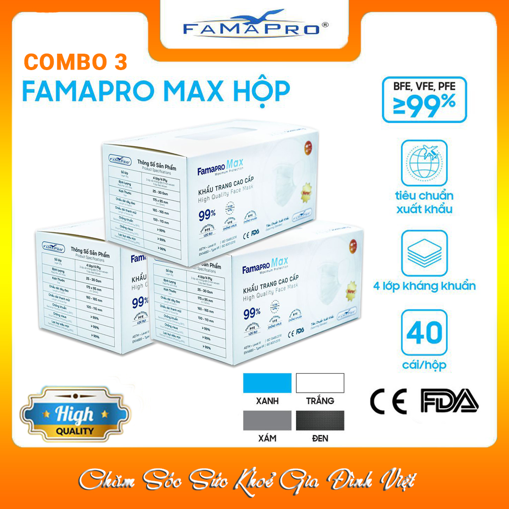 [COMBO 3 Hộp Ưu Đãi] Khẩu Trang Y Tế Kháng Khuẩn Cao Cấp Famapro Max/Kháng Virus, Bụi, Lọc Khuẩn 99% [Chính Hãng Xuất Khẩu Mỹ Hộp 40 Cái