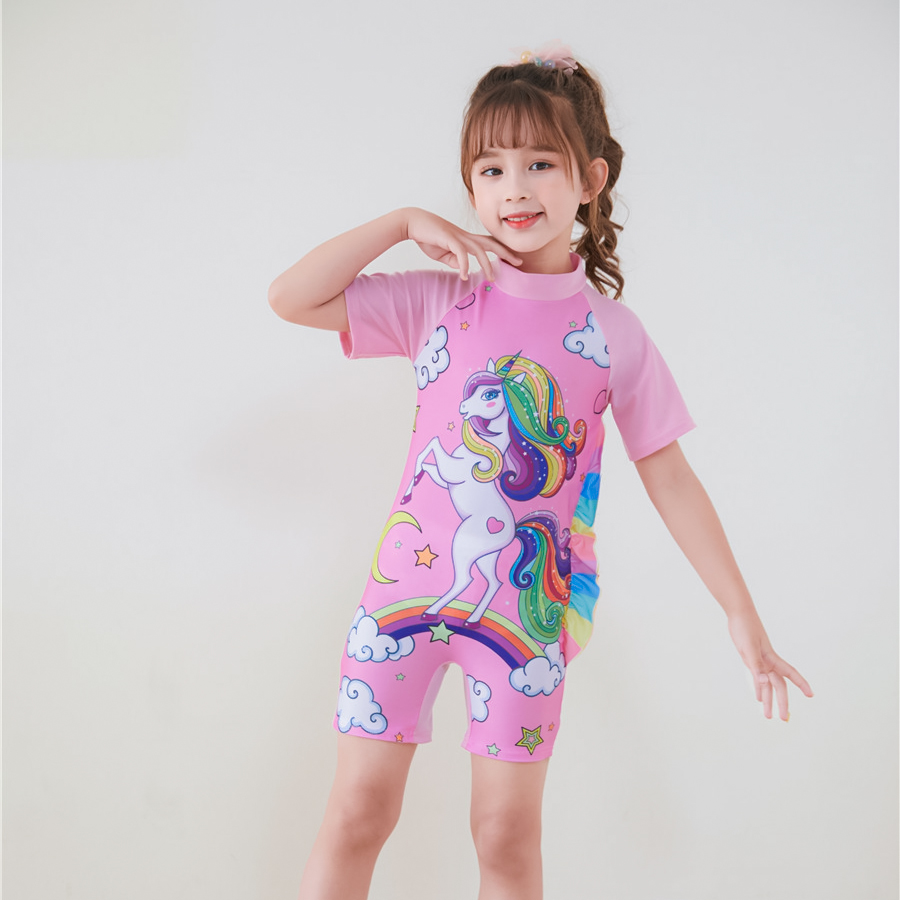 Đồ bơi trẻ em, đồ bơi bé gái liền thân tay ngắn bao gồm nón bơi họa tiết kỳ lân cho bé đến 30kg