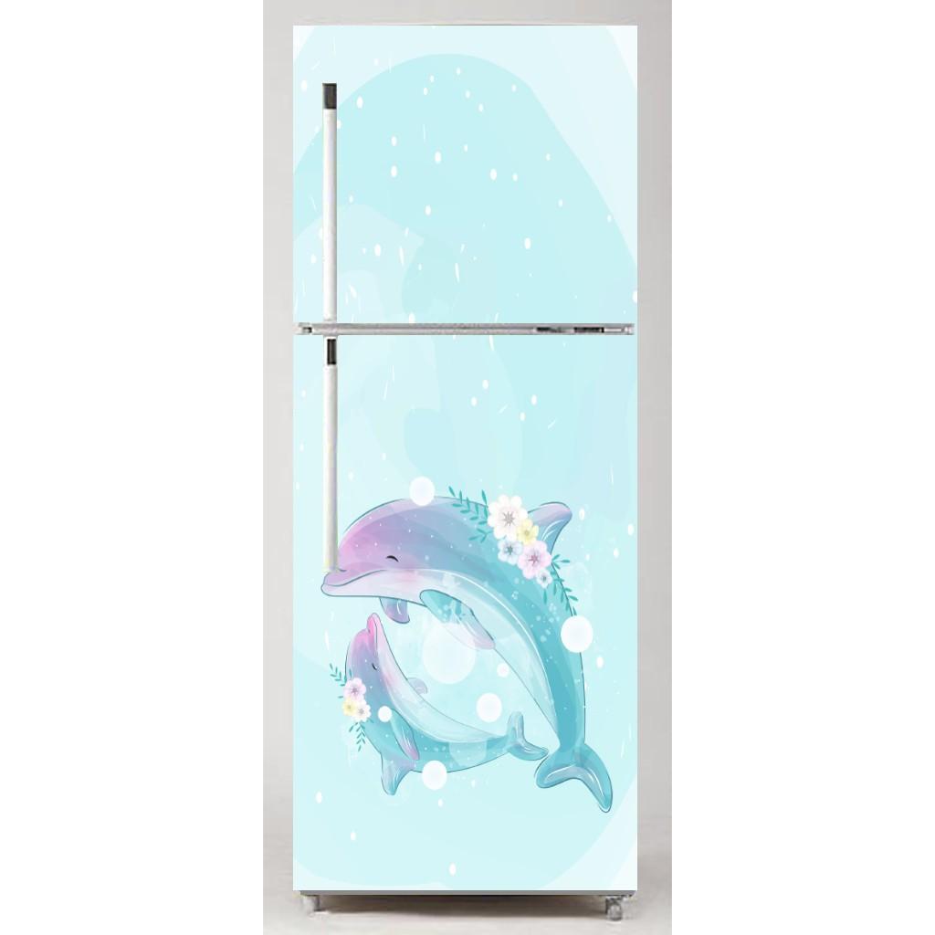 Decal trang trí tủ lạnh mẫu gia đình cá heo chống thấm cao cấp độ phai màu trên 10 năm