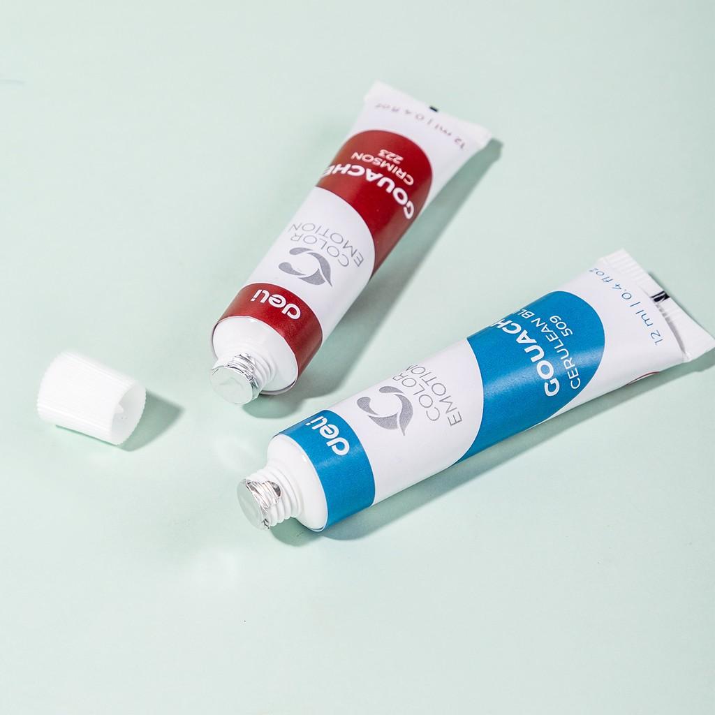 Màu nước Gouache dạng tuýp 12ml Deli  5/12/24 màu,Tặng kèm pallete Nhựa pha màu