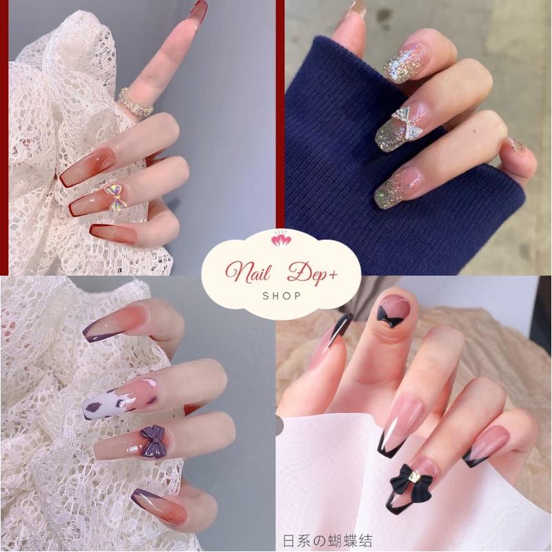 Set 24 móng tay giả , nail giả đính charm hình nơ nghệ thuật , hàng cao cấp