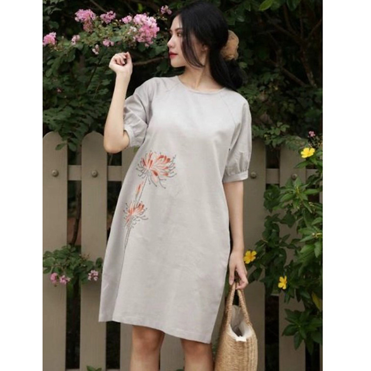 Đầm suông Linen bột Premium form rộng tay bom thêu hoa trẻ trung