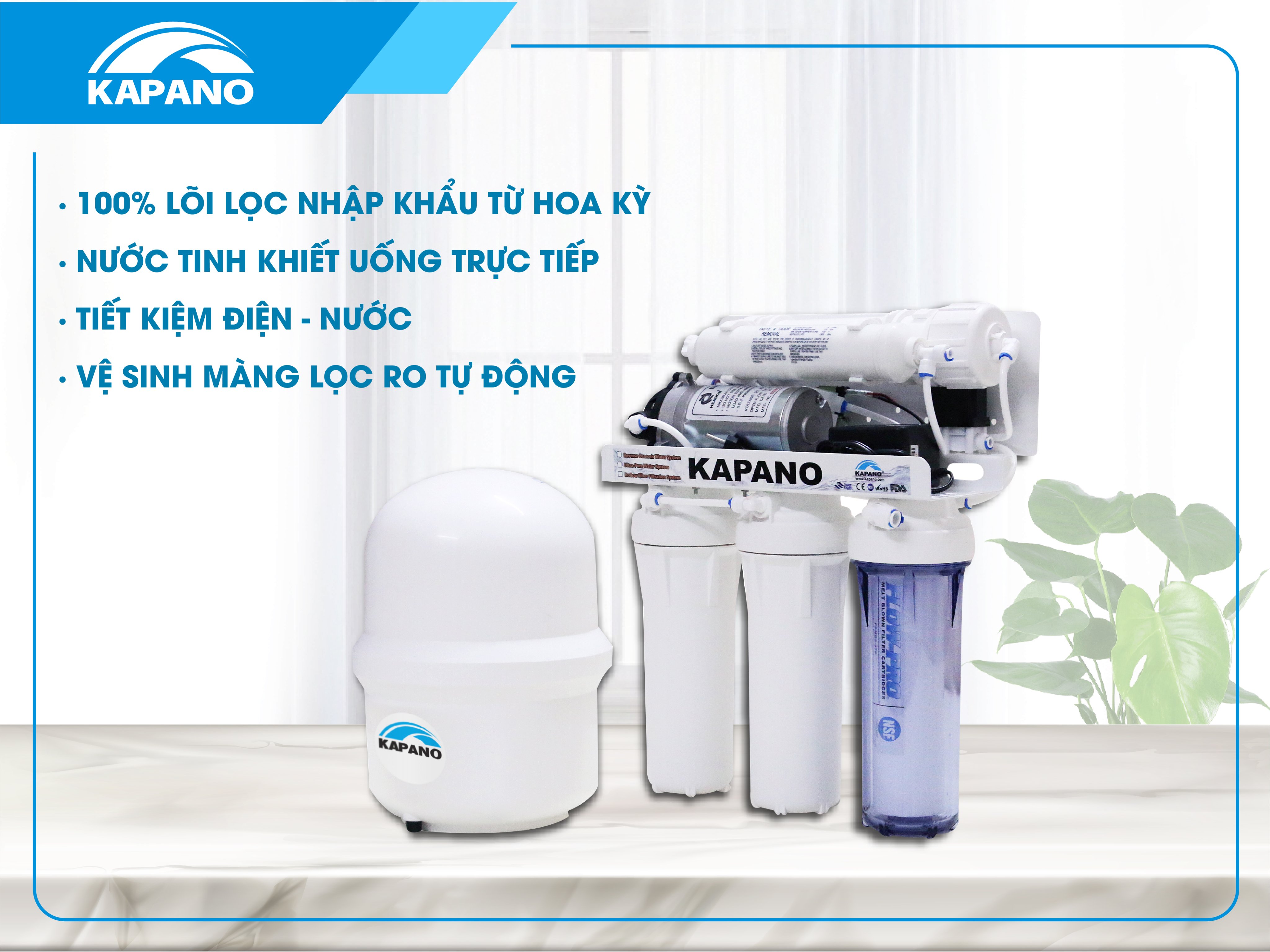 Máy lọc nước RO tủ kính cường lực Kapano 10 lít/giờ RO5-USA-50B - Hàng chính hãng