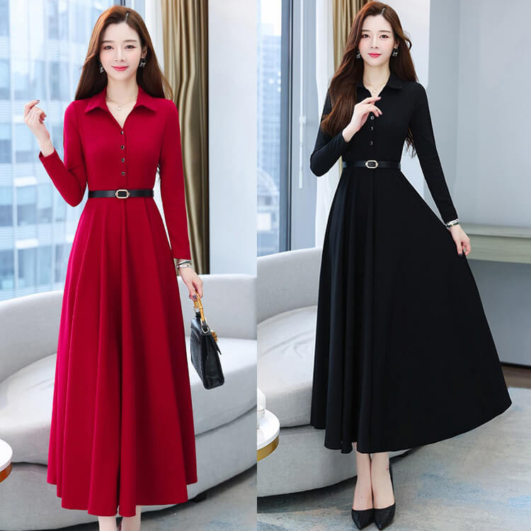 Đầm dáng dài cổ bẻ kèm nịt