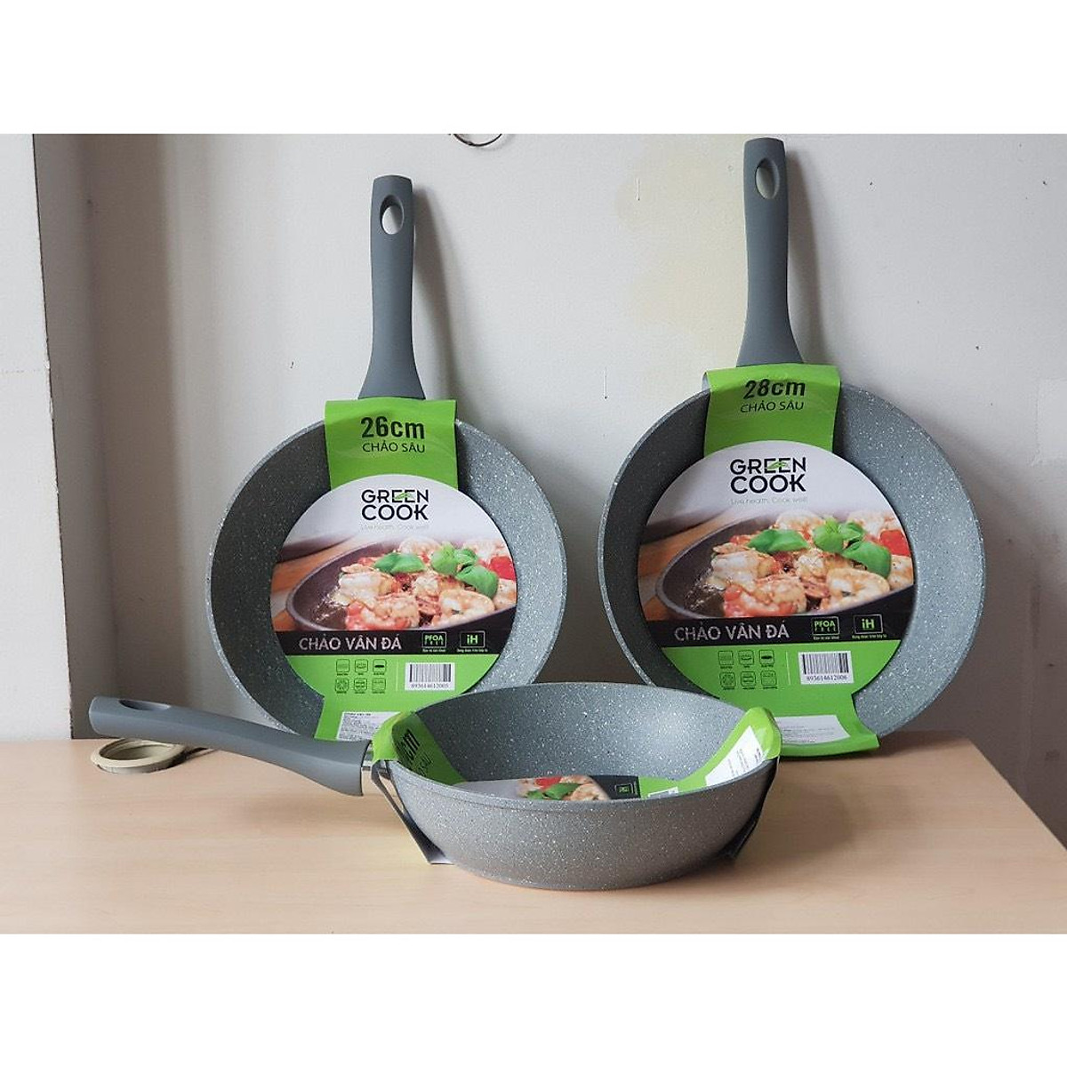 Chảo vân đá đáy từ chống dính CAO CẤP GreenCook Size 20 22 24 26 28 30cm
