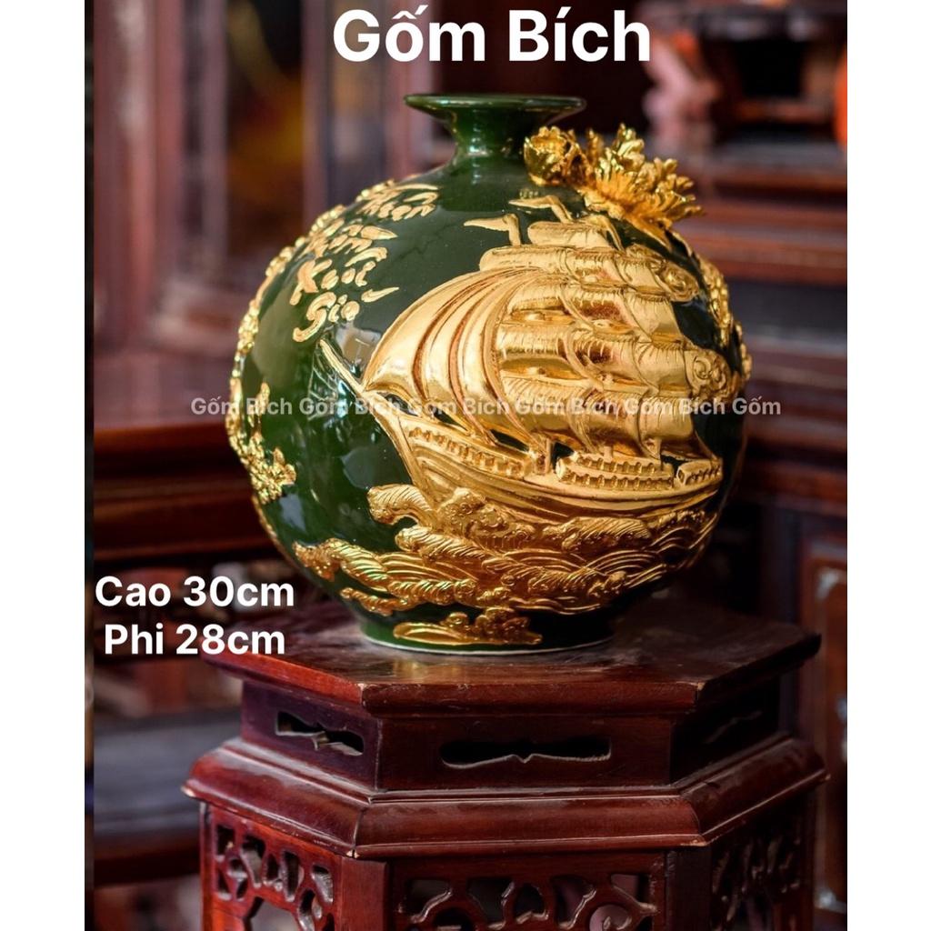 Bình Hút Tài Lộc Cao 30cm Thuận Buồm Xuôi Gió Đắp Nổi Dát Vàng Gốm Sứ Bát Tràng - Gốm Bích