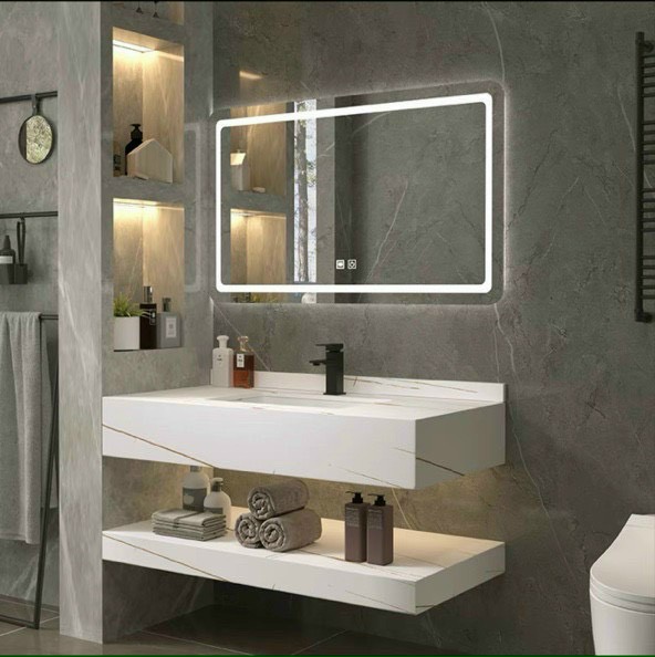 Bộ tủ bàn lavabo bằng đá chống trầy xước, màu trắng vân mây sang trọng, dài 80x50 kèm gương led