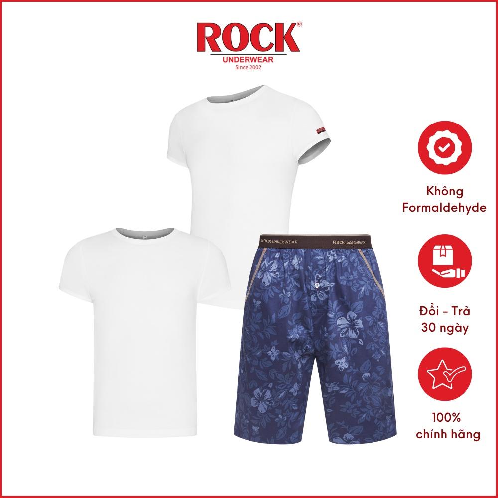 Combo 2 áo thun không đường may vải rip cotton 100% ROCK 5076 + 1 quần Short nam 5047 mạnh mẽ cá tính mặc nhà, tập gym