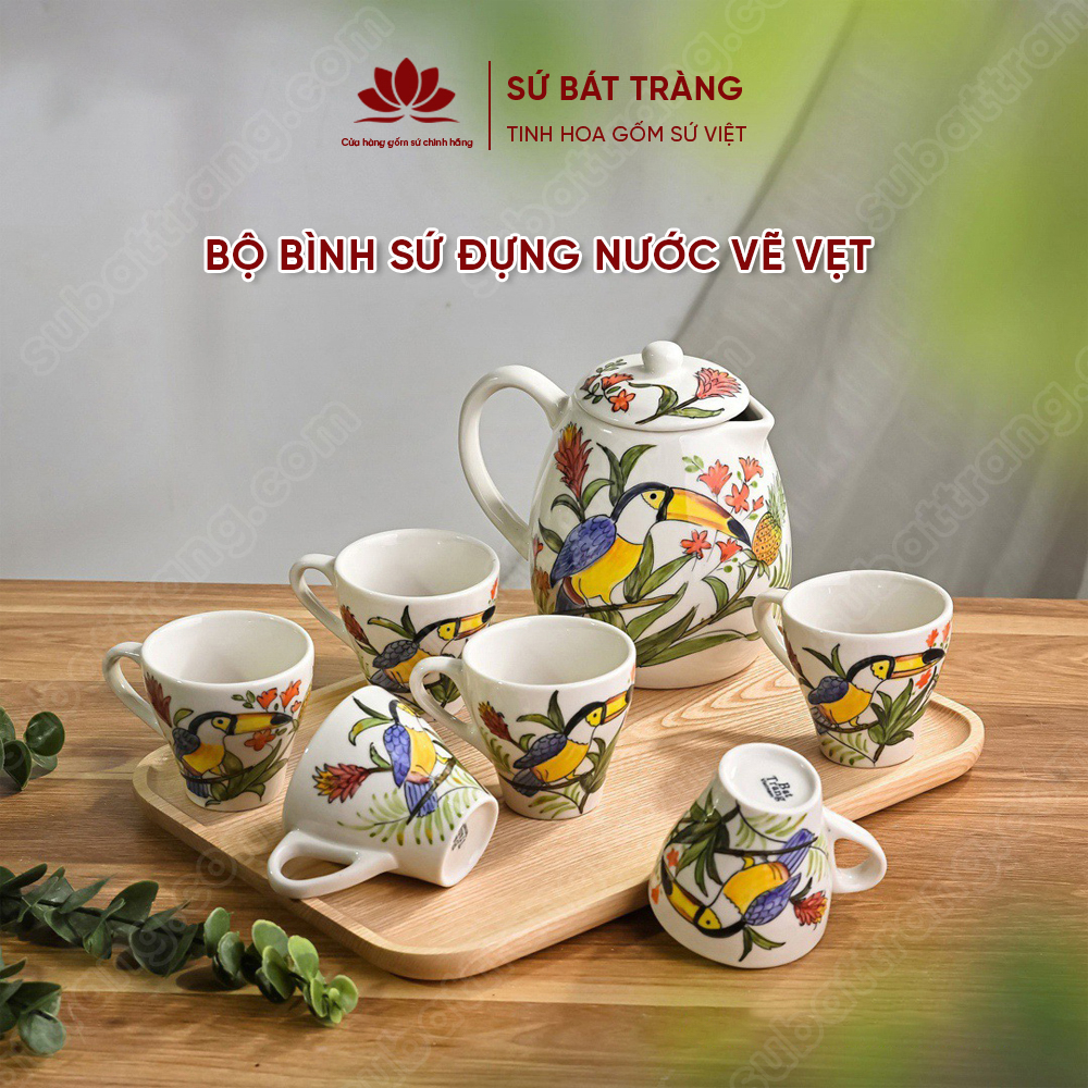 Bộ bình sứ đựng nước vẽ vẹt