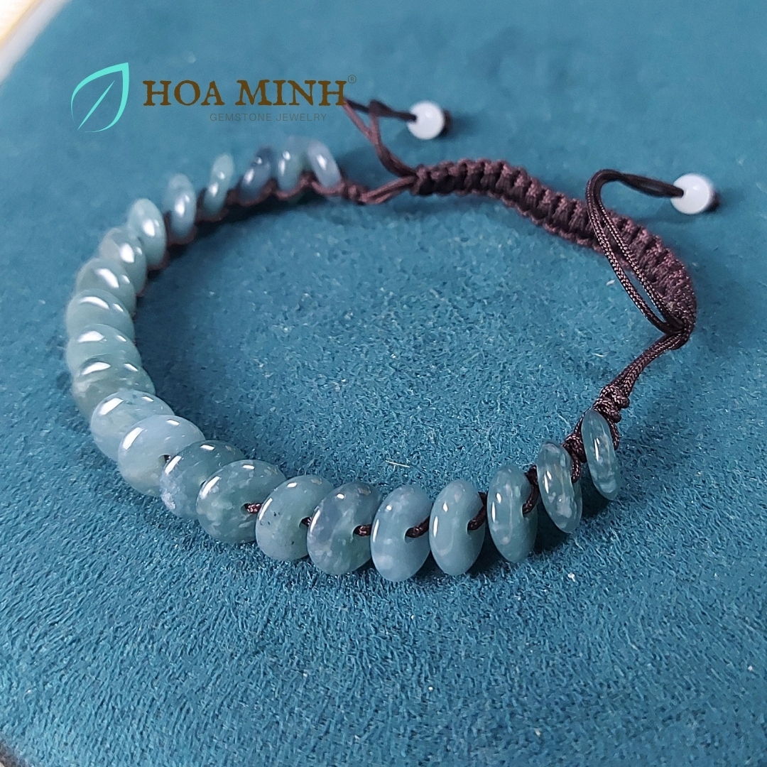 Vòng tay chỉ handmade thắt đồng điếu Cẩm Thạch Lam Ngọc size 8 li vừa mọi ni tay phong thủy may mắn, hạnh phúc