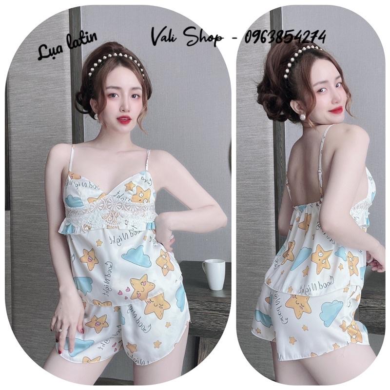 Đồ ngủ lụa latin 2 dây phối ren sexy hoạ tiết freesize 42-57kg