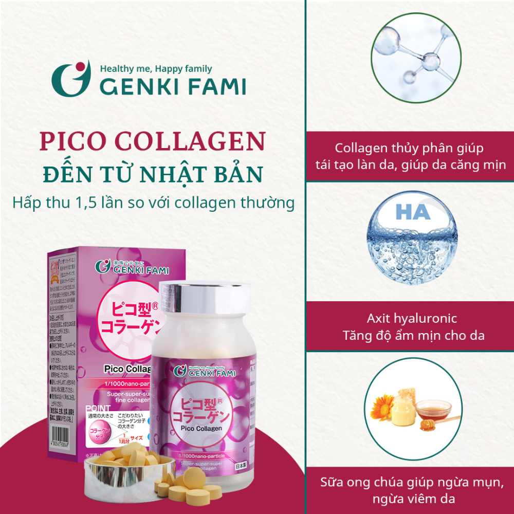 Viên Uống Hỗ Trợ Trẻ Hóa Da Pico Collagen Genki Fami, Hộp 180 viên