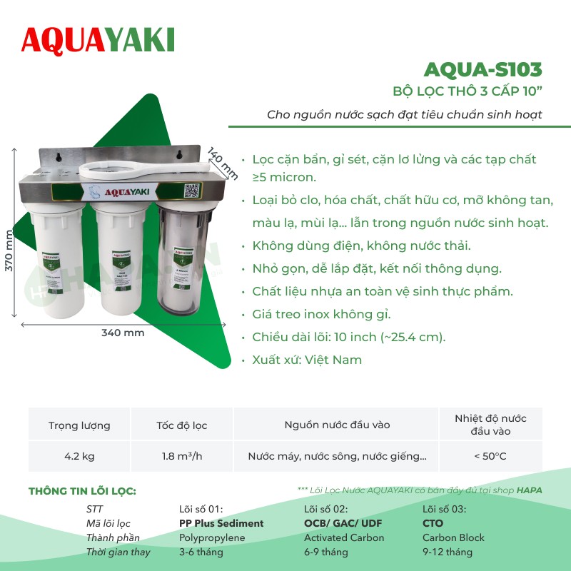 Bộ Lọc Thô 3 Cấp AQUAYAKI AQUA-S103 10 inch Cao Cấp Kèm Lõi, Lọc Nước Đầu Nguồn, Sinh Hoạt, Gia Đình - Hàng Chính Hãng