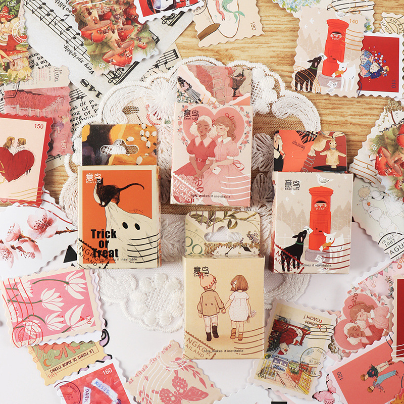 Hộp 46 pcs stickers dạng tem thư kiểu cổ điển vintage dùng để trang trí sổ tay nhật kí