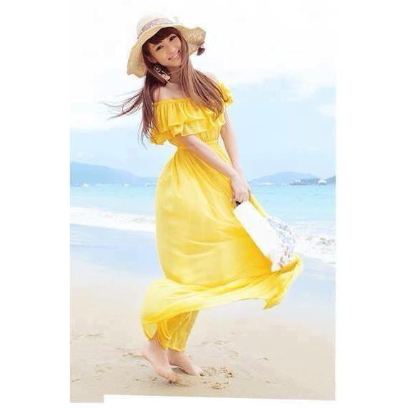 Đầm maxi vàng đi biển bèo vai  xinh xắn