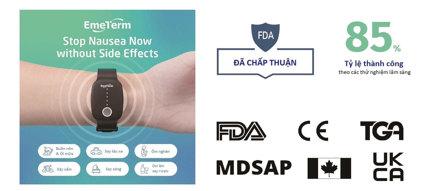 Thiết bị đeo tay chống nôn nói do say tàu xe, ốm nghén EmeTerm Explore - đạt chứng nhận FDA/CE - Không dùng thuốc - Không tác dụng phụ - Pin sạc - Chống thấm nước IP67- Hàng chính hãng
