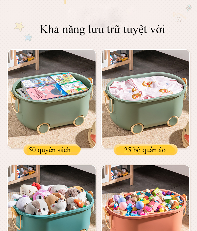 Thùng đựng đồ chơi cho bé  KAVY NO.8809 hình con vịt có bánh xe, tay cầm nắp thùng xếp lego có thể đựng quần áo, sách vở