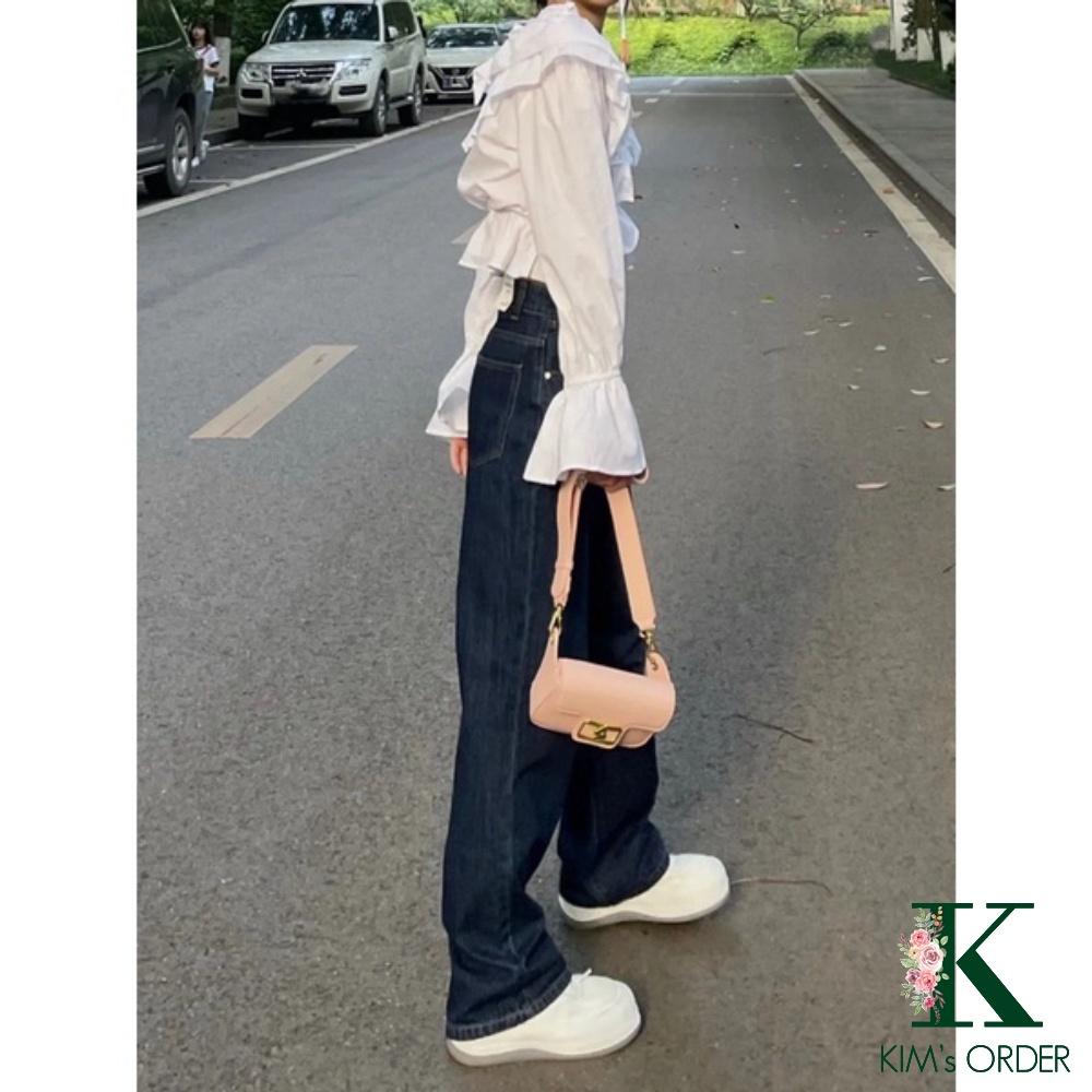 Quần Jean Nữ Màu Xanh Than Đậm Ống Suông Phom Rộng Dài Lưng Cạp Cao Phong Cách Ulzzang Hàn Quốc Cá Tính Báic Năng Động