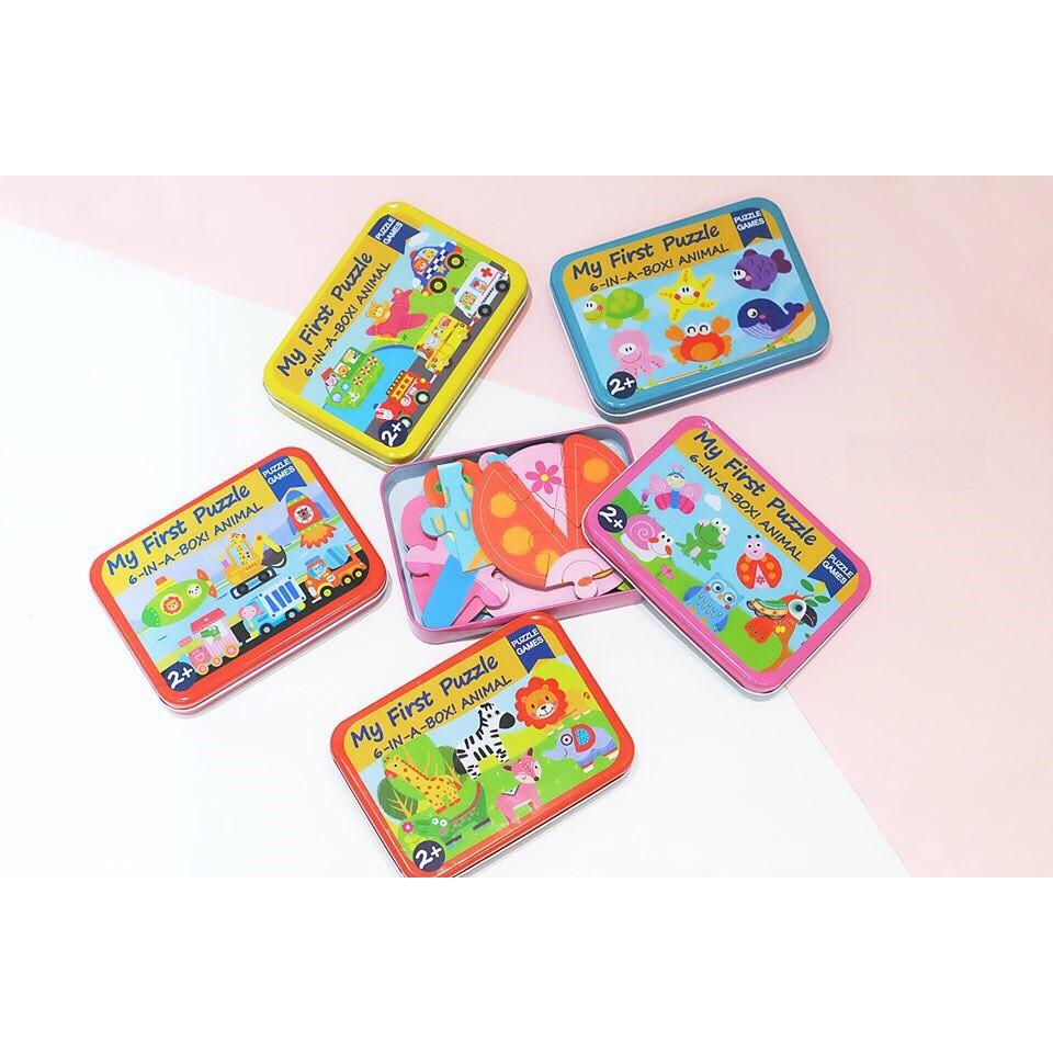 Ghép hình puzzle hộp sắt loại 2- 3- 4- 5- 6 mảnh gỗ loại đẹp GH6M