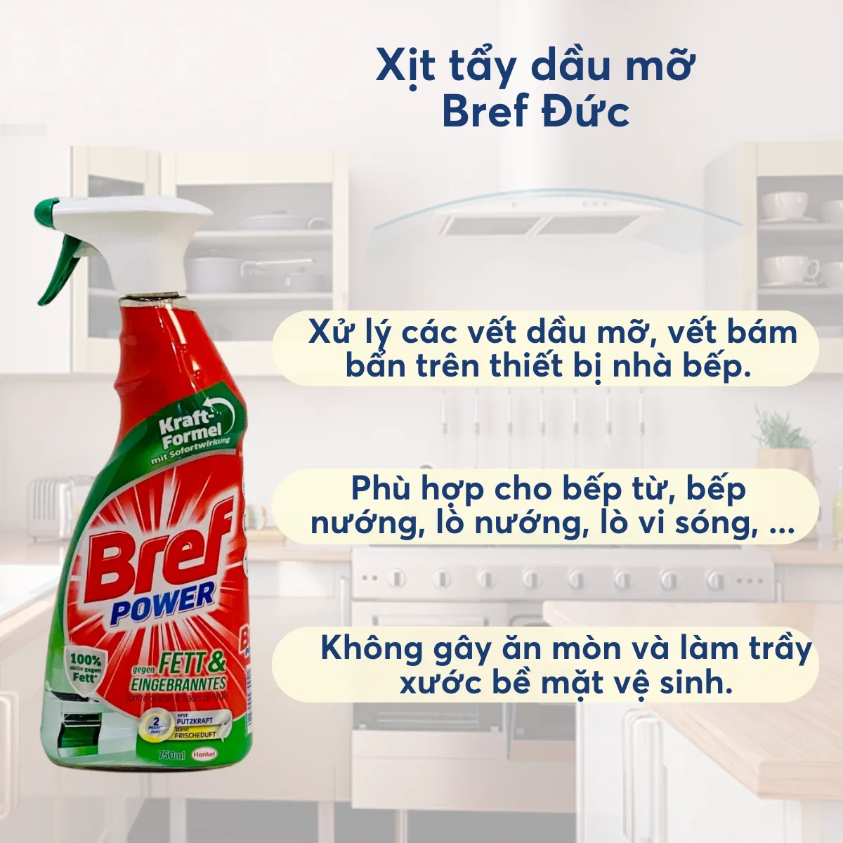 Bình Xịt Tẩy Rửa Đa Năng Bref Power 750ml, nhập khẩu Đức- Tẩy dầu mỡ, Tẩy Bếp, Thiết Bị Nhà Bếp, Nhà tắm, Inox, hiệu quả lên đến 99.9