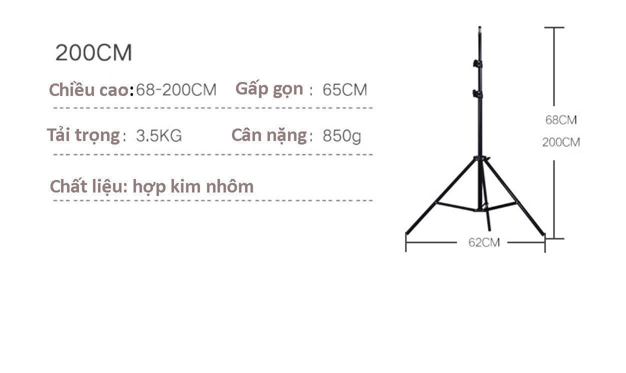 Bộ đèn studio chụp ảnh sản phẩm, quay phim, livestream chuyên nghiệp, bộ gồm chân đèn 2m kèm softbox 50x70cm, tay treo 138 cm.