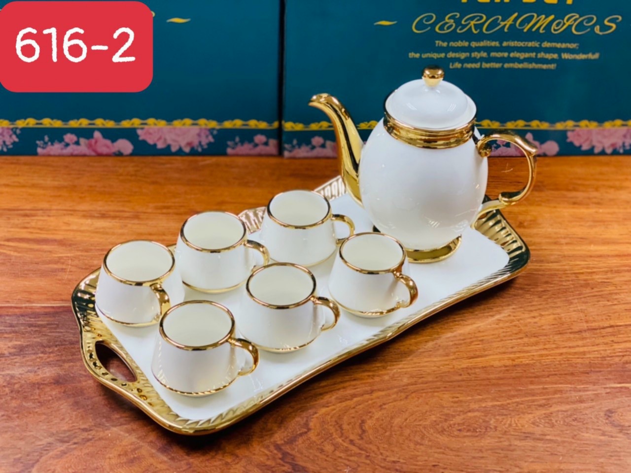 BỘ ẤM CHÉN PHA TRÀ CÀ PHÊ MÀU XANH CỔ VỊT VIỀN VÀNG KÈM KHAY SỨ VÀ 6 THÌA VÀNG