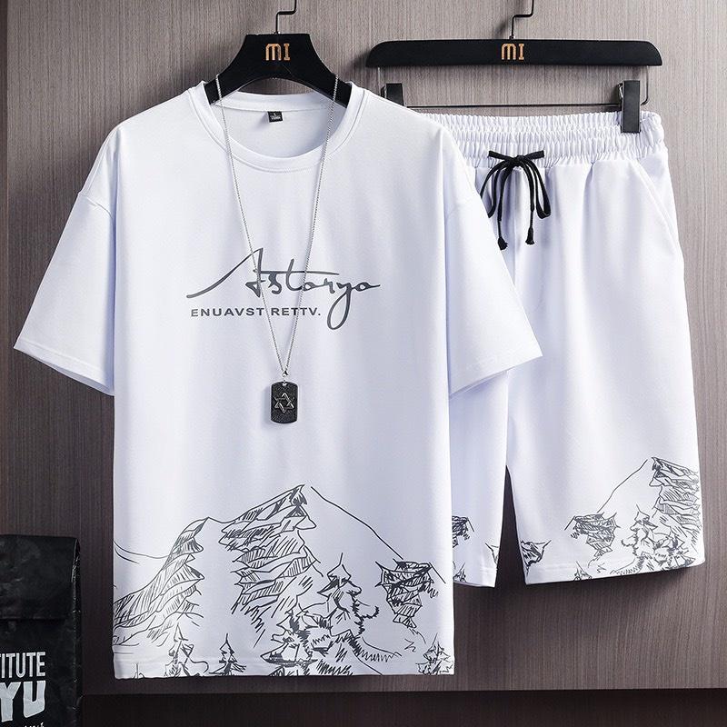 Bộ đồ thun nam ngắn tay mùa hè in hình núi tuyết xu hướng thời trang phiên bản Hàn Quốc slim fit DB39