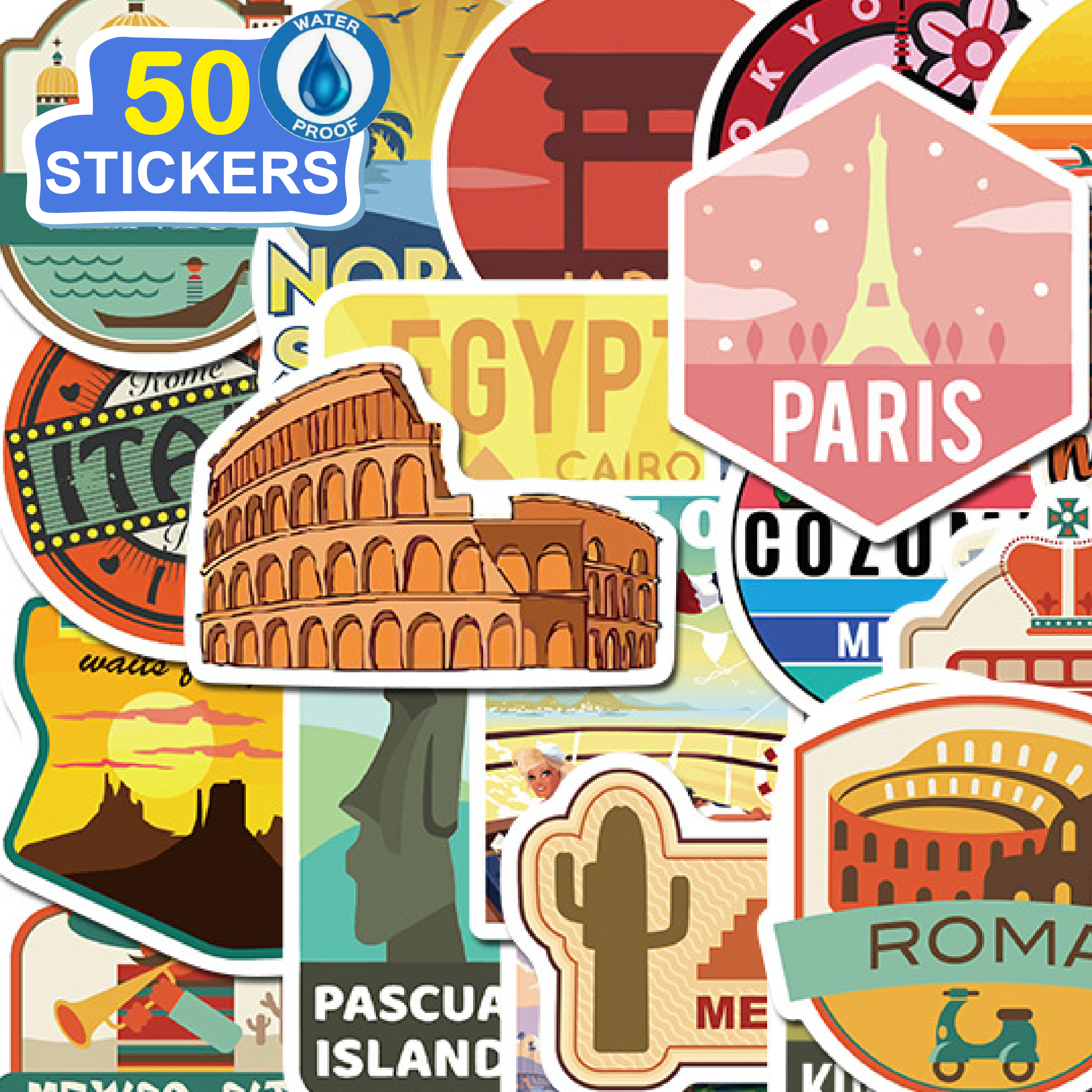 50 Stickers Vintage Travel Label trang trí laptop, điện thoại, ipad, cốc nước, sổ tay, vali du lịch, scooter, ván trược - Chống thấm nước - FiDi