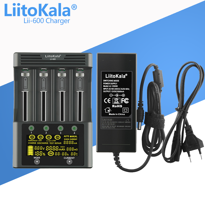 Bộ sạc pin LiitoKala Lii-600 cho pin Li-ion 3.7V và NiMH 1.2V Thích hợp cho 18650 26650 21700 26700 AA AAA 12V5A Màu sắc: 1 cái
