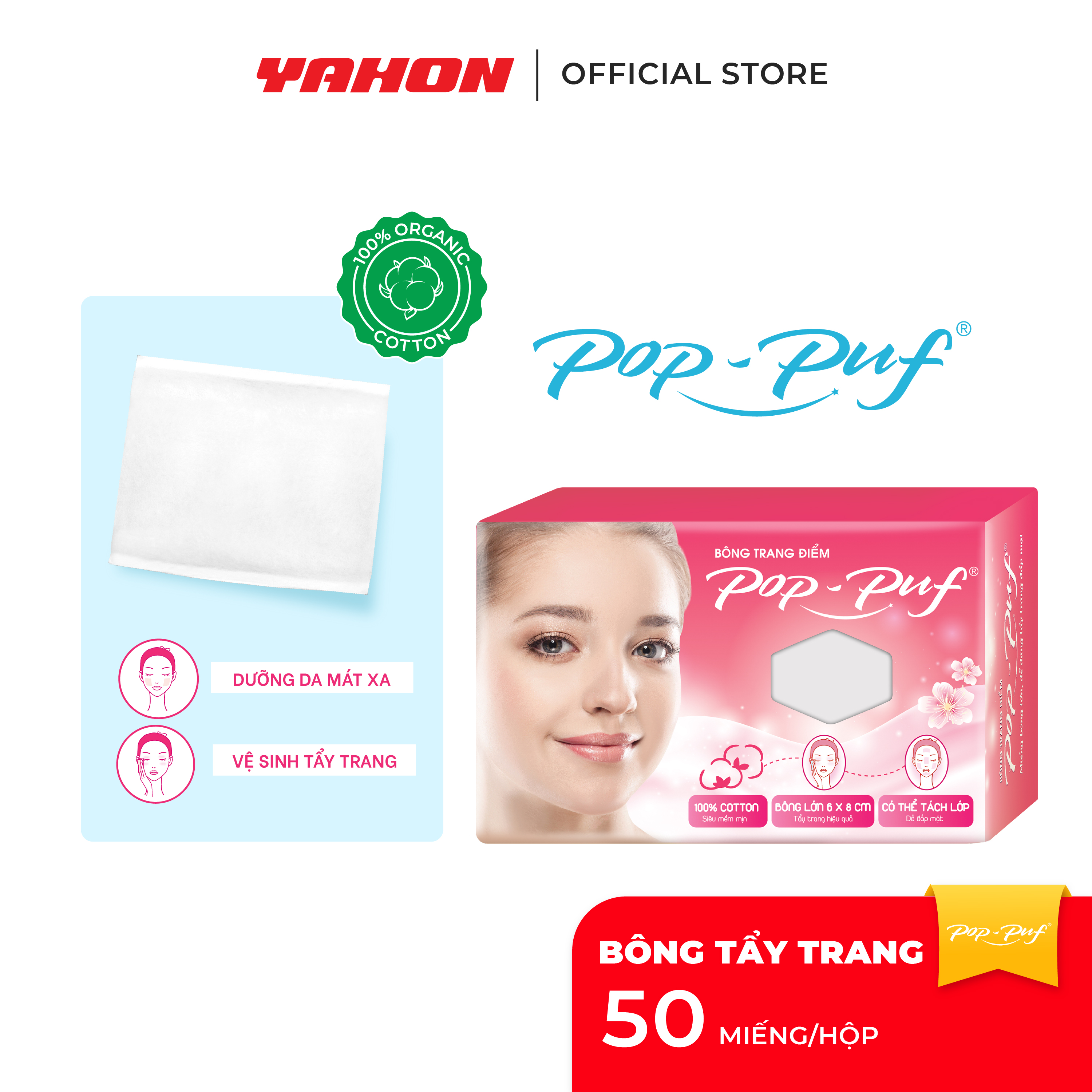 Bông Tẩy Trang Cotton POP-PUF Mềm Mịn, Có Thể Tách Lớp | 50 Miếng/Bao, 6*8cm/Miếng
